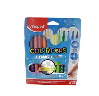 Feutres lavables 12 couleurs Long Life pointe moyenne