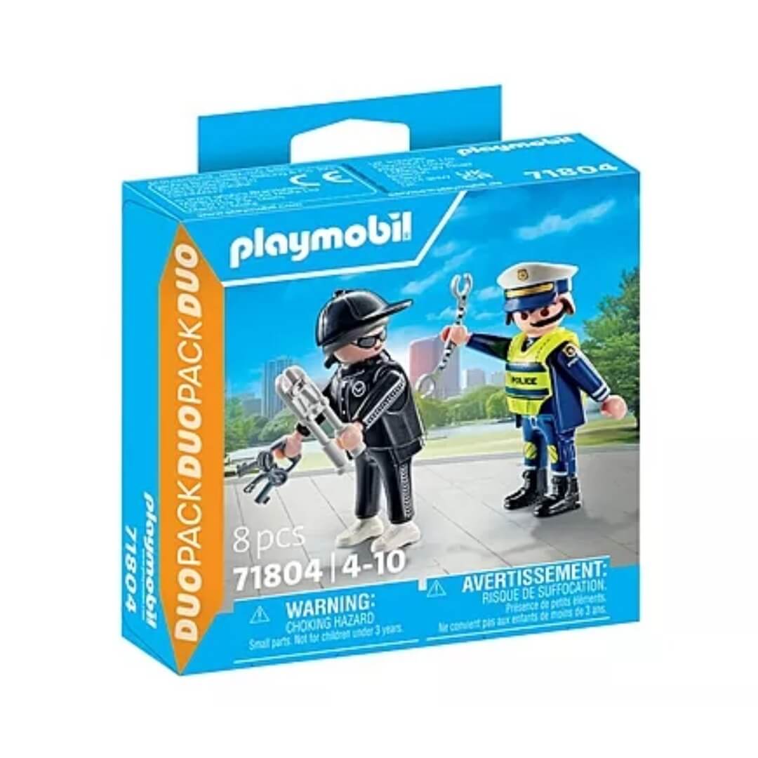 Figurines agent de police avec menottes et personnage en noir