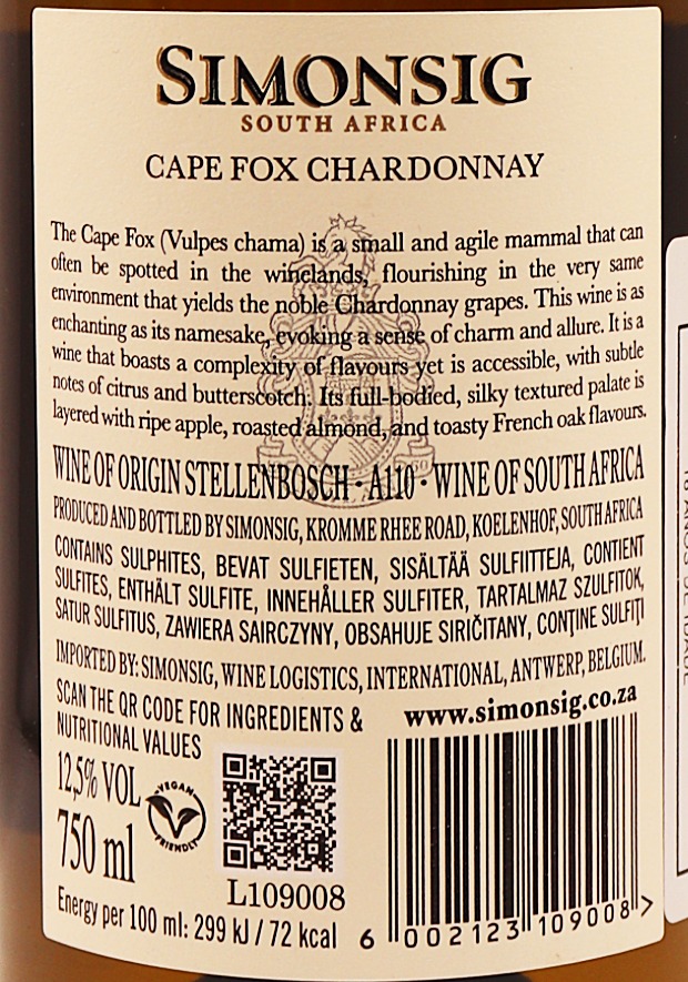 Afrique du Sud Blanc Chardonnay Simonsig 75cl