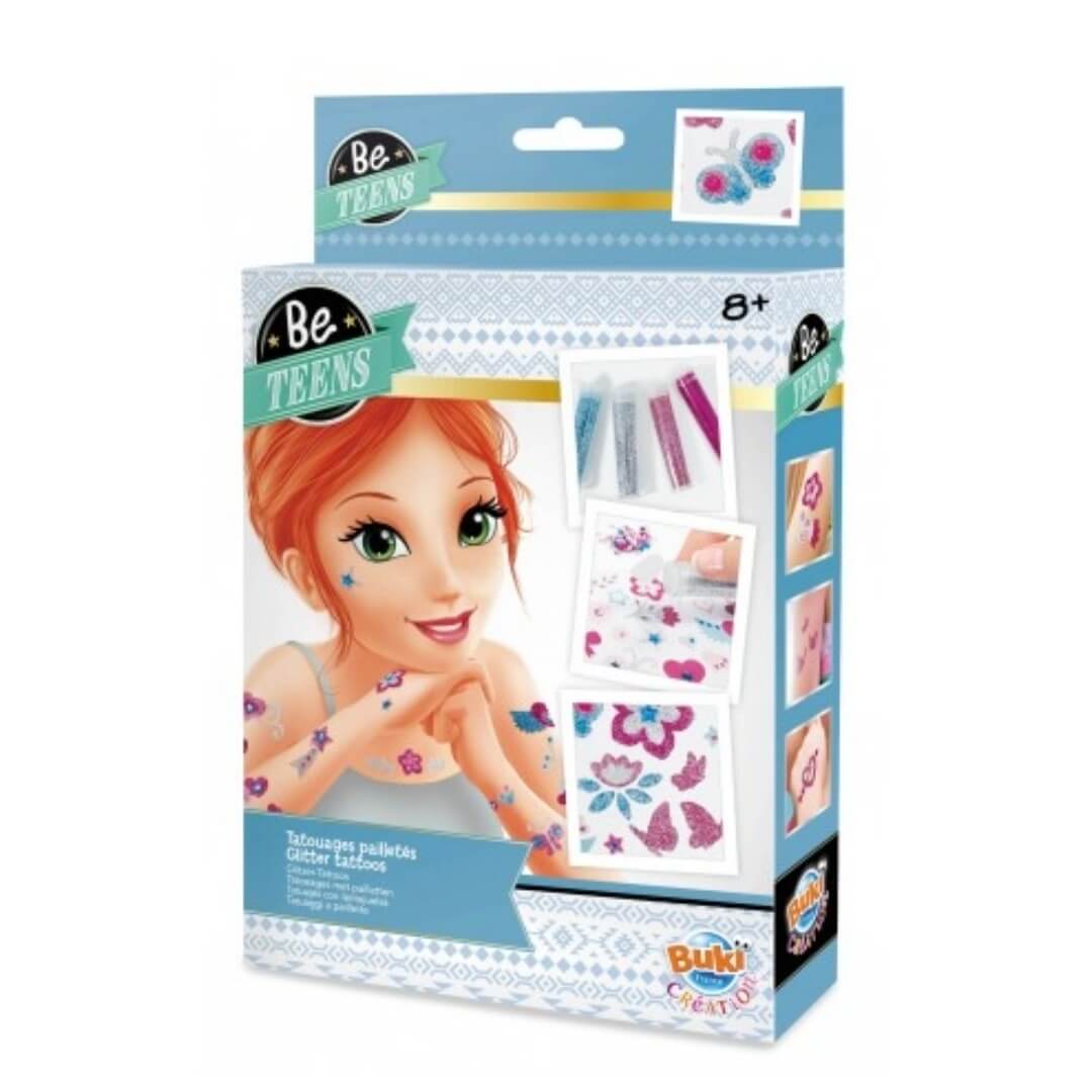 Coffret créatif de tatouages éphémères avec paillettes et pochoirs