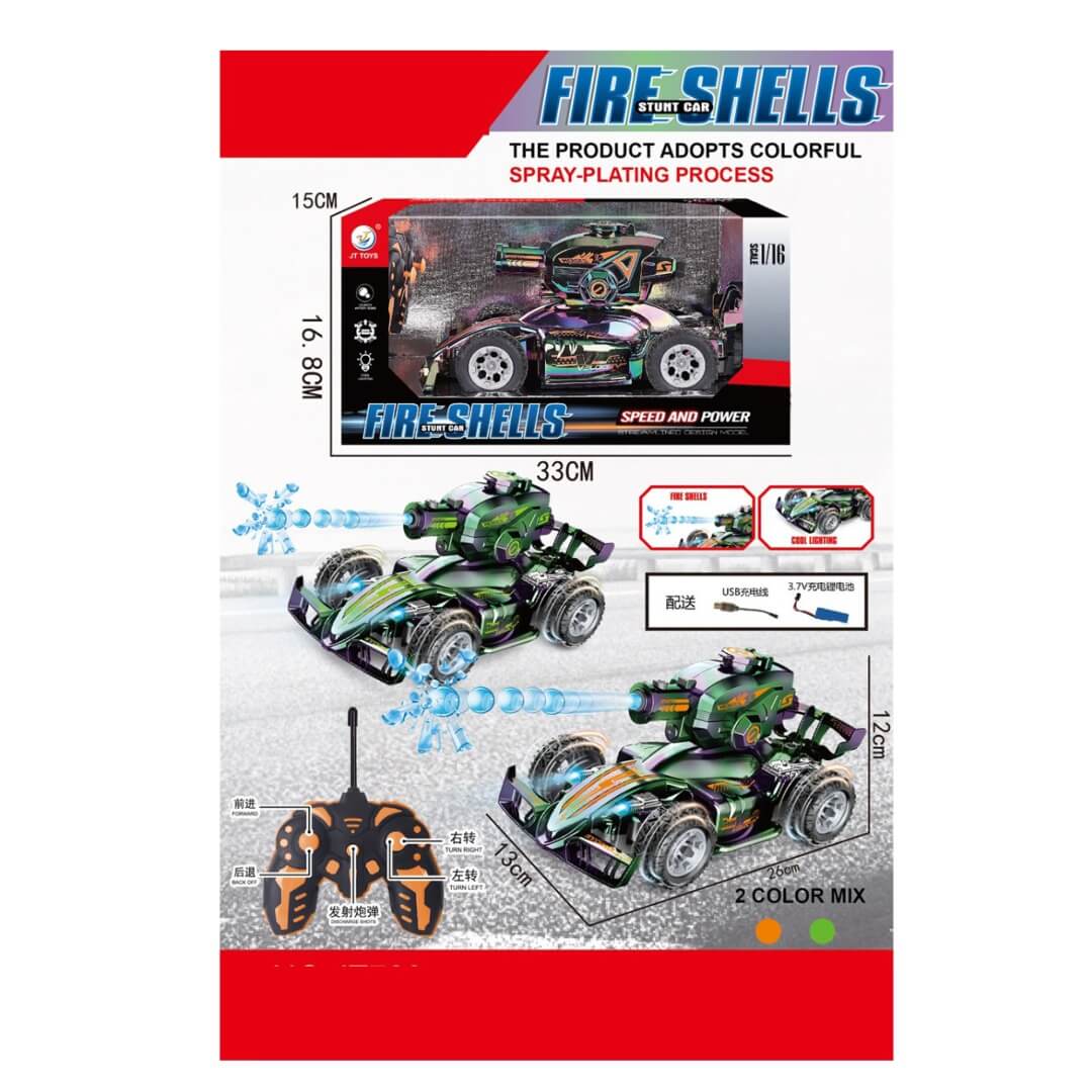 Voiture de cascade RC avec canon a spray/projectiles et processus de plaquage coloré