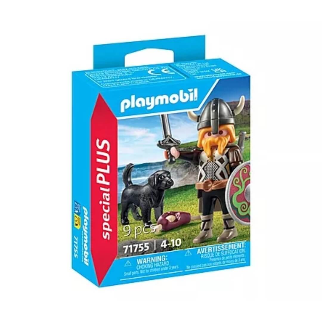 Figurine de viking avec casque à cornes, chien et épée