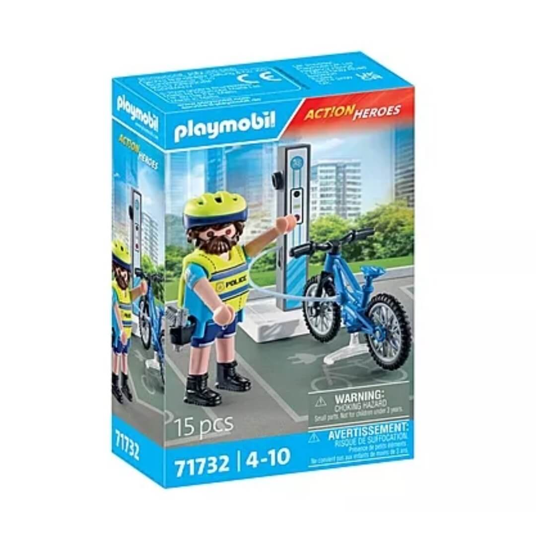 Figurine thème police urbaine avec équipement de cycliste et station électrique