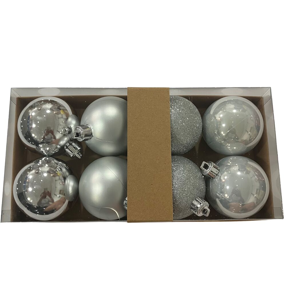 Boite 8 boules plastiques argent 6cm