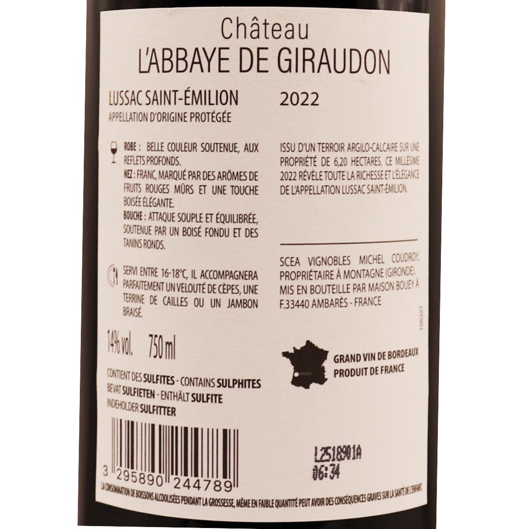 Bordeaux Rouge Saint-Emilion Lussac Château l'Abbaye Giraudon 22 75cl