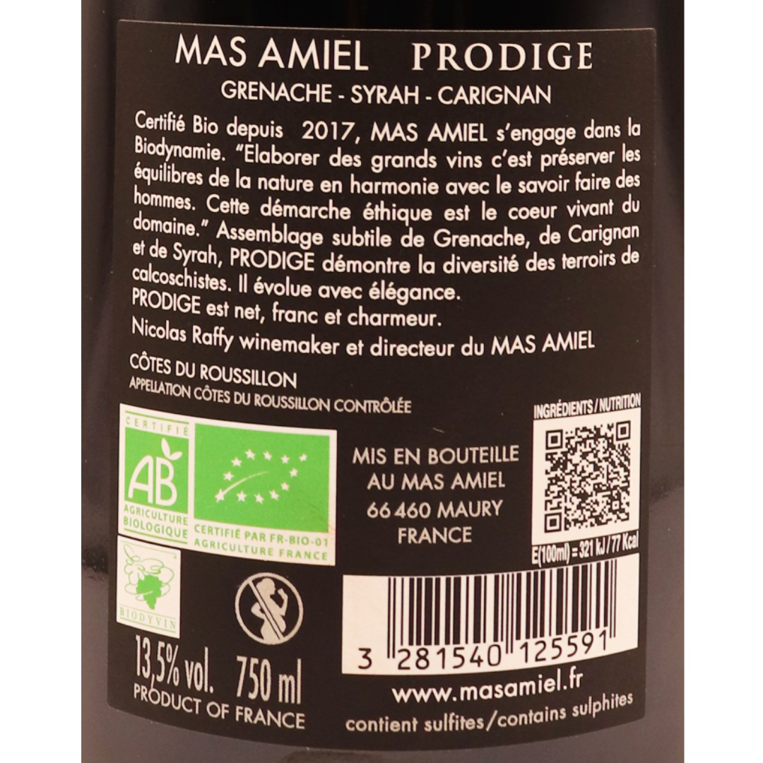 Languedoc rouge Côtes du Roussillon Mas Amiel Prodige biodynamie 24 75cl