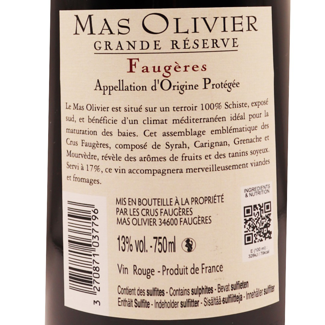 Languedoc rouge Faugères Mas Olivier Grande Réserve 22 75cl