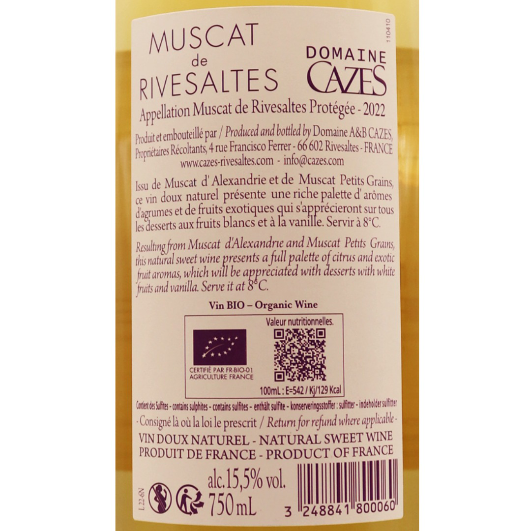 Languedoc Blanc Muscat de Rivesaltes Domaine Cazes biodynamie 22 75cl