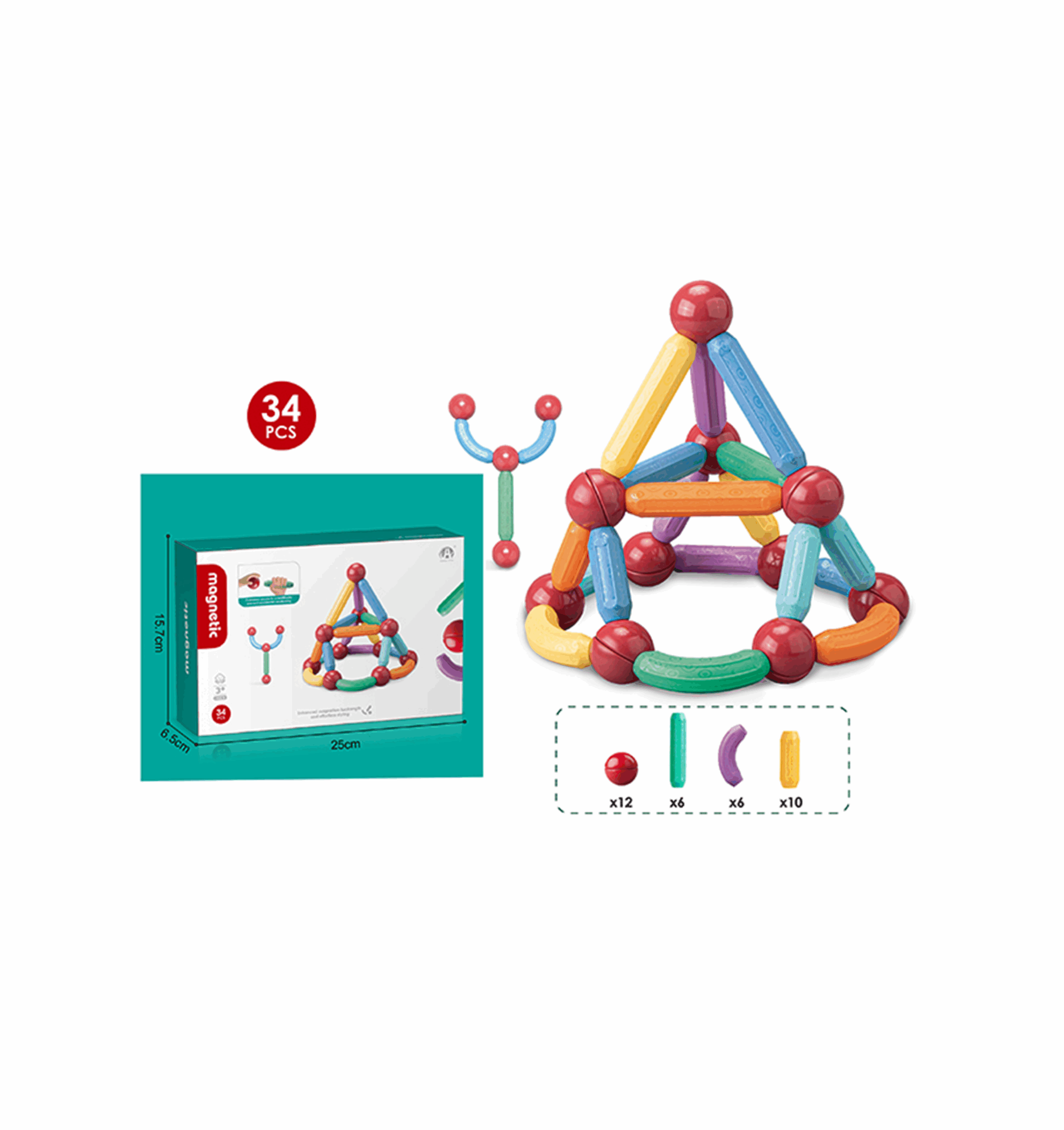 Jeu de construction a tiges magnétiques (34 pièces)