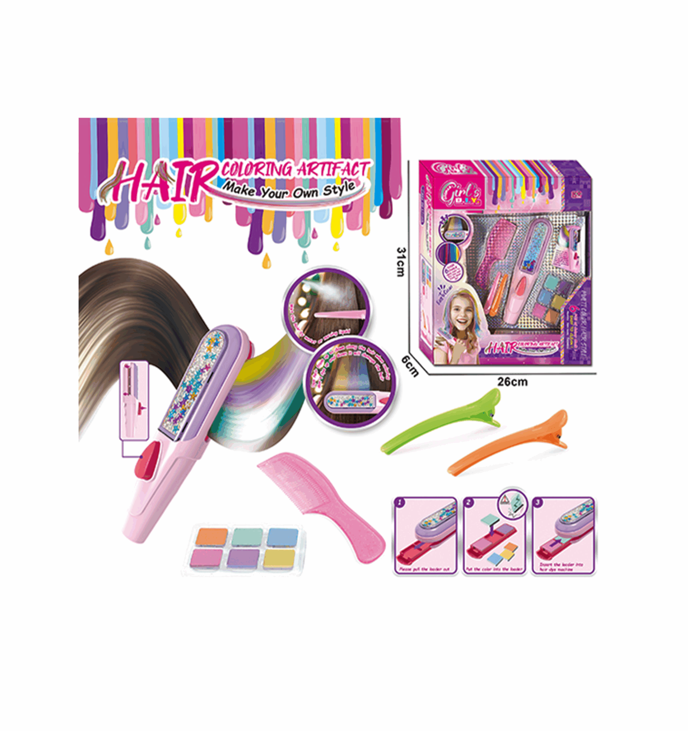 Appareil à teinture de cheveux jouet et accessoires de coiffure (26 cm x 31 cm)