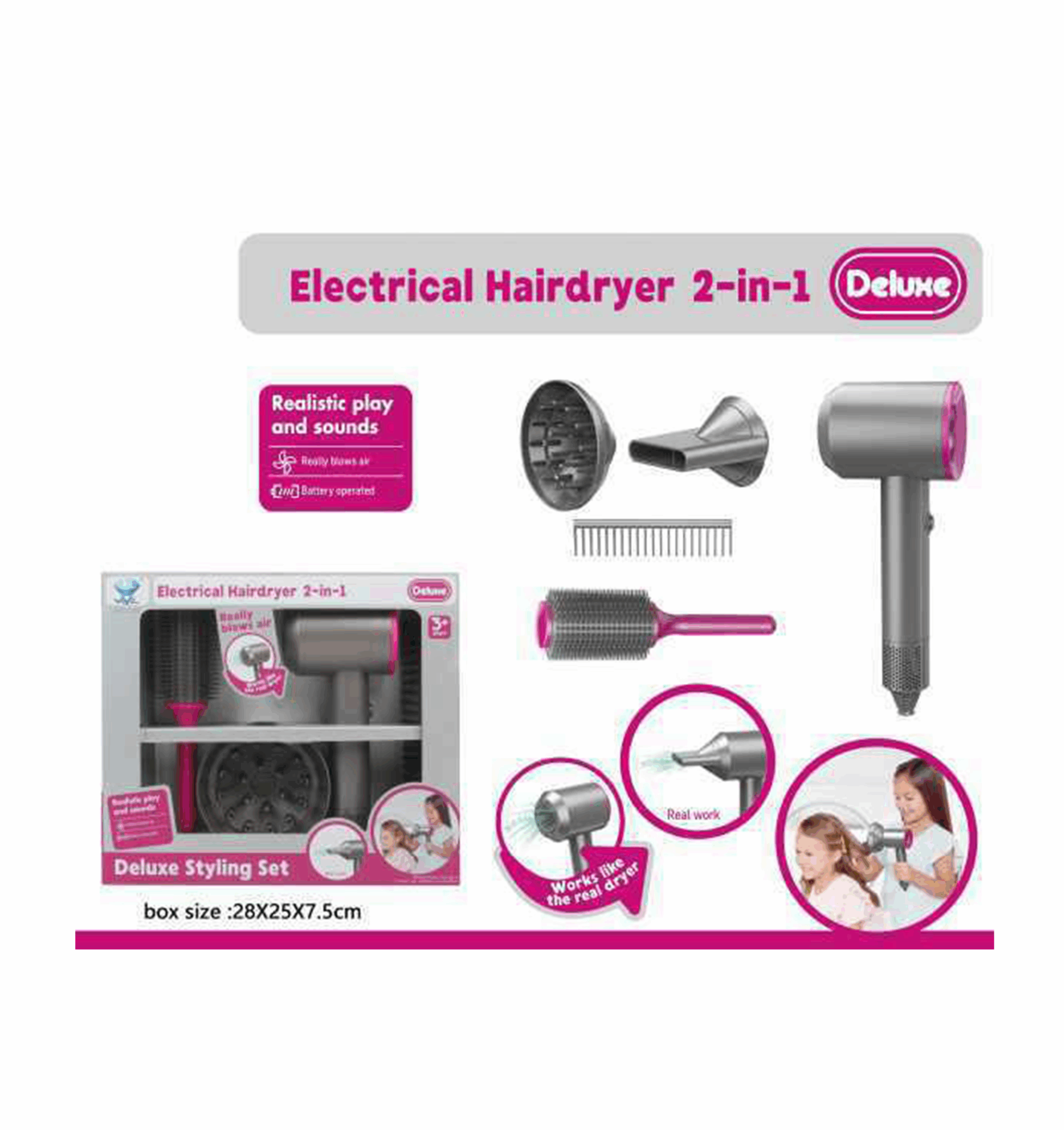 Sèche-cheveux jouet électrique a piles avec sons et souffle d'air réaliste