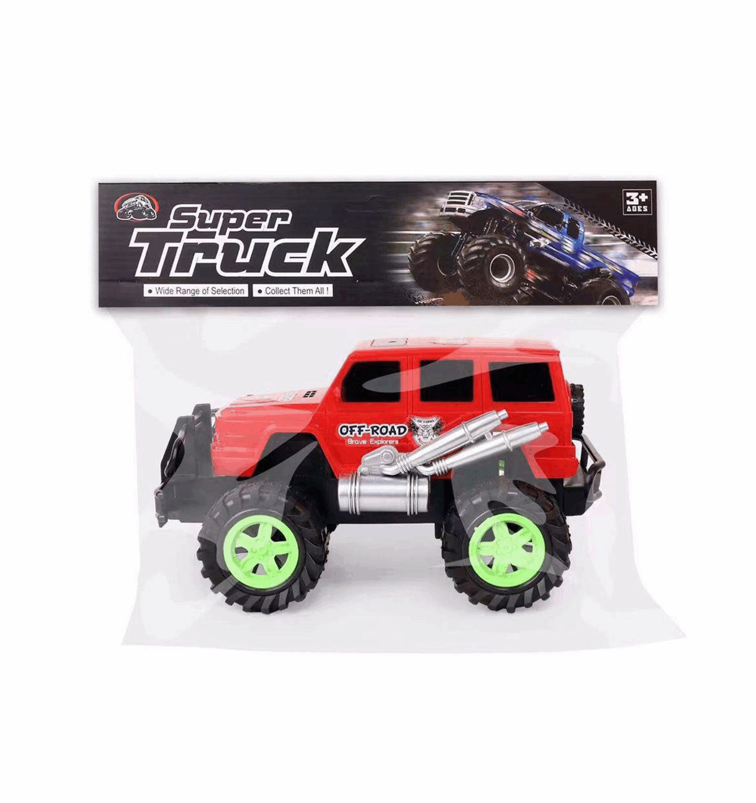 Camionnette 4x4 avec échappements latéraux et pneus vert vif