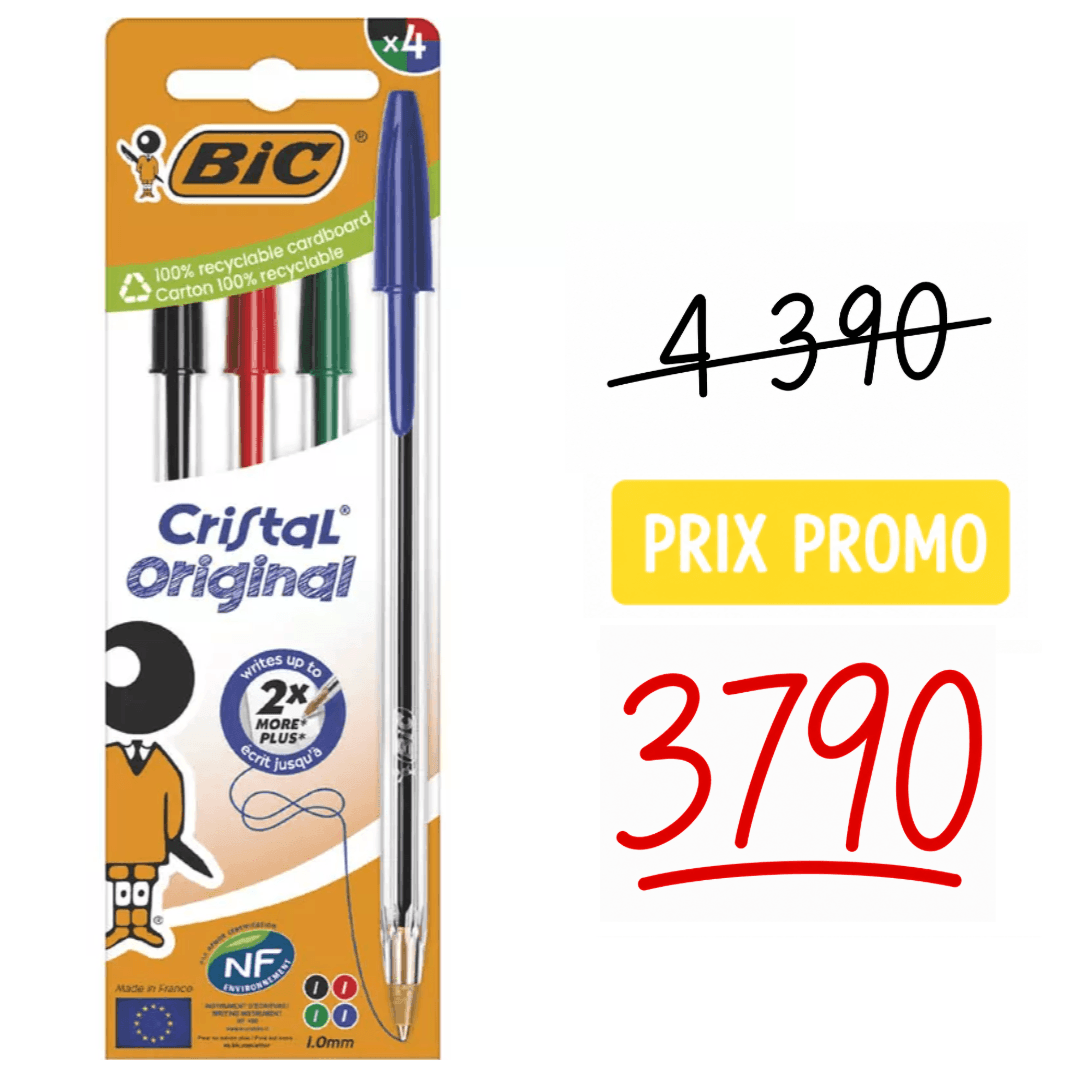 Stylo bille Bic Crystal 4 couleurs pointes moyennes
