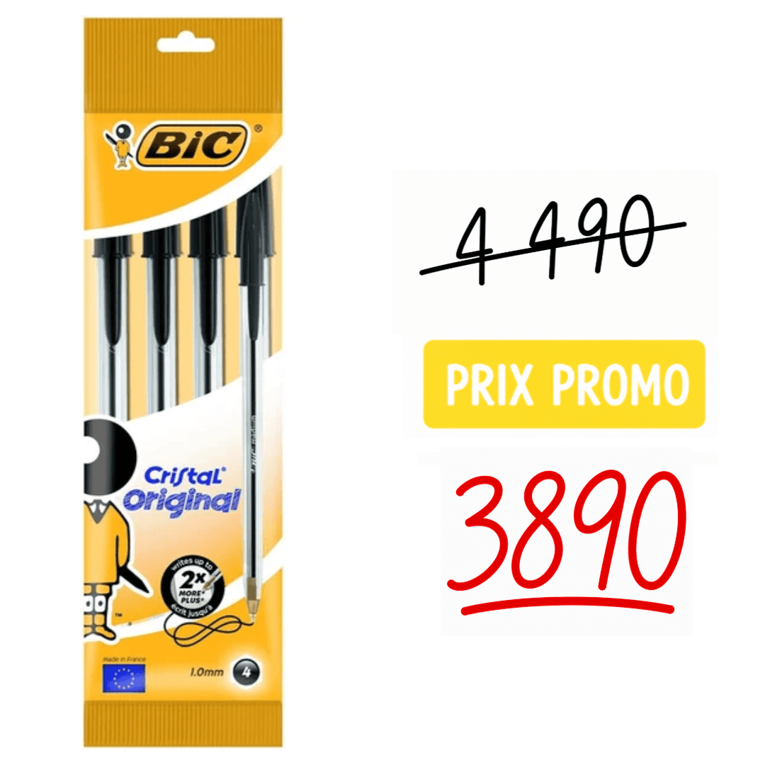 Stylo bille noir Bic Crystal 4 pièces pointe moyenne