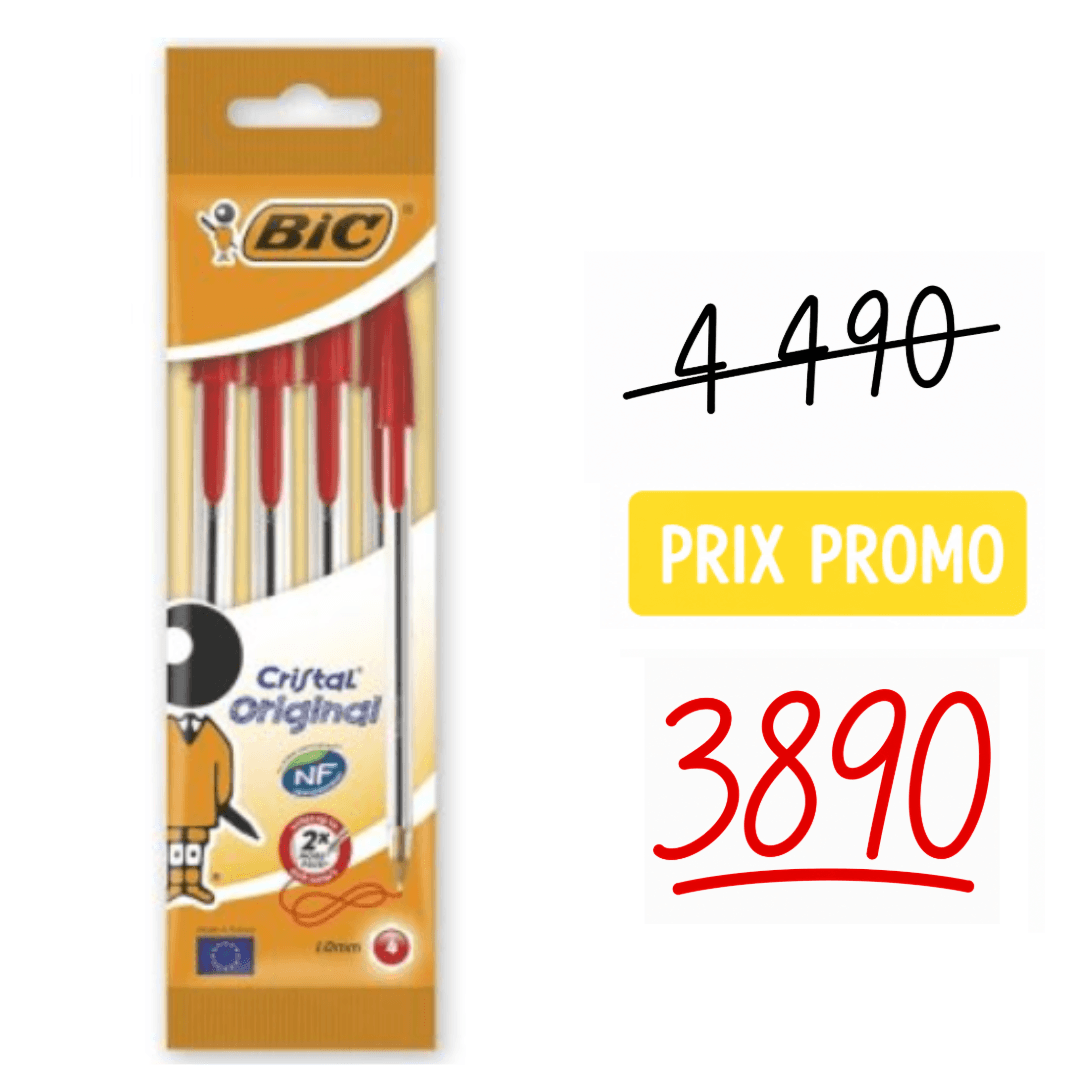 Stylo bille rouge Bic Crystal 4 pièces pointe moyenne