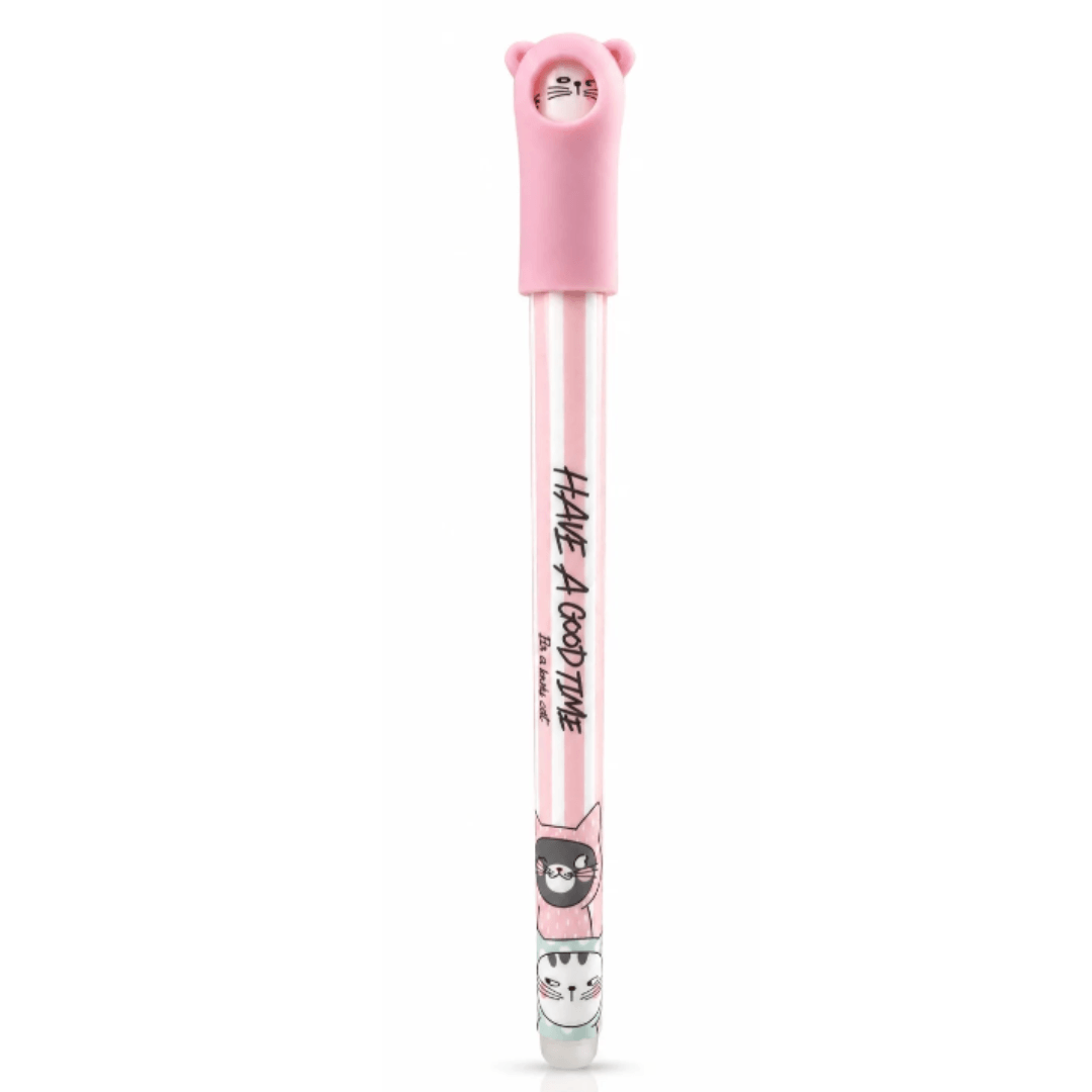 Stylo gel effaçable bleu motif chat pointe 0,5 mm