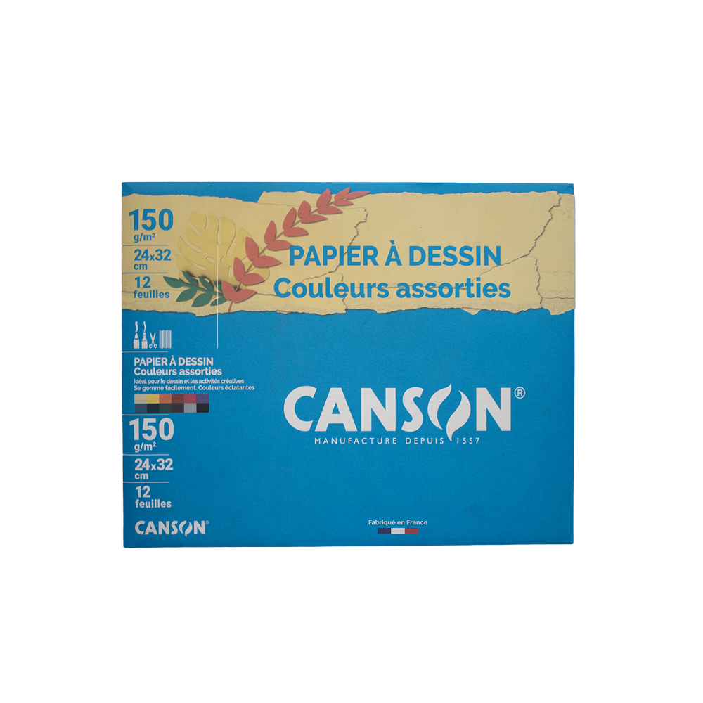 Papier dessin Canson couleurs 24×32cm 150g 12 feuilles